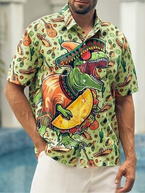 HarDaddy Hawaiian Button-Down Shirt Dinosaur in Sombrero Taco Tequila Size XXL